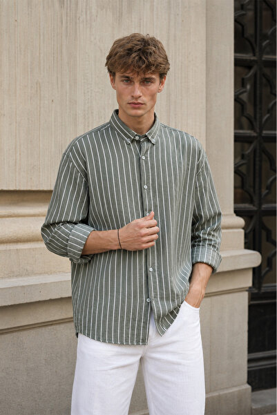 MAXIMILLIAN Men's Khaki Striped Long Sleeve Linen Look Oversize Shirt