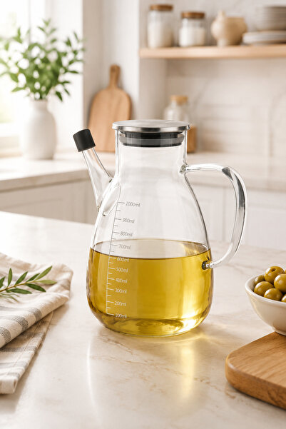 welcomein 1 Litre Metal Kapaklı Cam Yağdanlık – Ölçü Çizgili, Akıtmaz Uçlu, K...