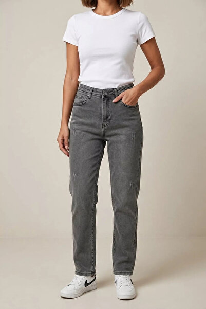 GÜLSELİ Dark Anthracite Women's Straight Cut Jean Denim Trousers