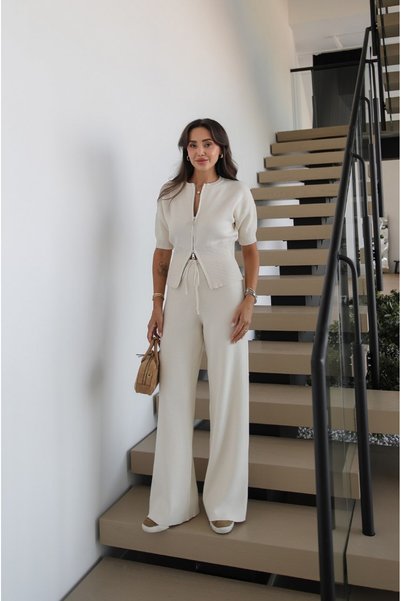 Havoş Ecru Double Zipper Blouse Pants Knitwear Set