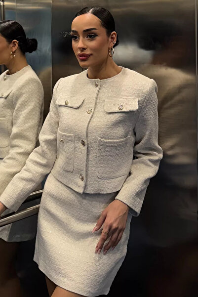 GÜLSELİ Ecru Women's Shiny Jacket Skirt Tweed Two-Piece Set