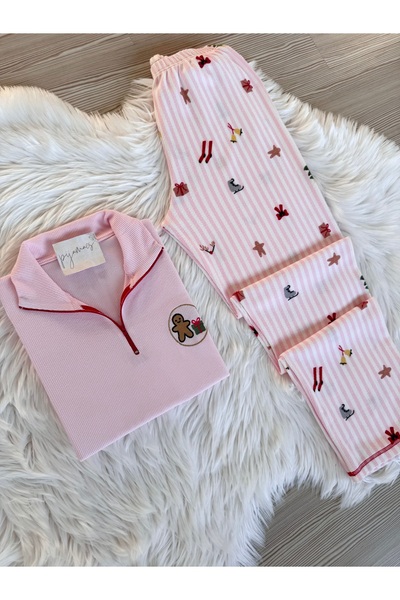 Pijamacs طقم بيجامة شتوي ناعم منسوج بنمط الوافل باللون الوردي مع سحاب أمامي