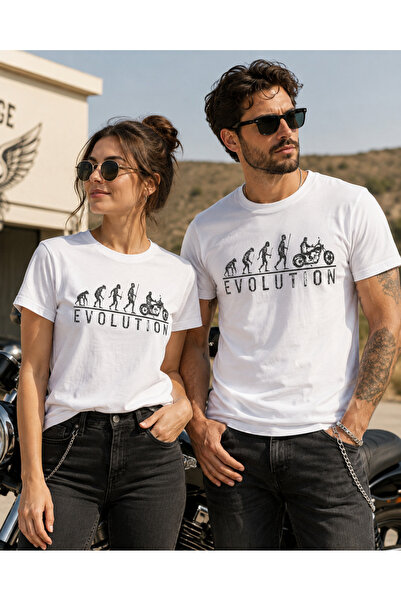 BLUECOMPASS Unisex Motorcu Evrim Baskılı Regular Fit Beyaz Bisiklet Yaka Kısa...