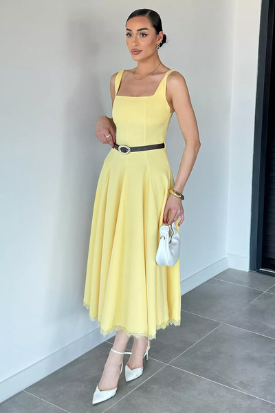 GÜLSELİ Yellow Women's Dress with Thick Strap Belt Accessory