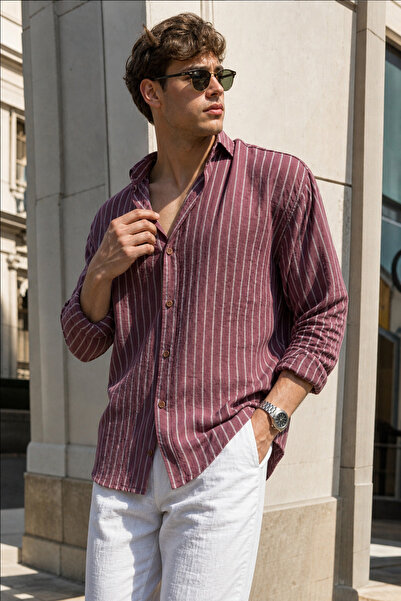 MAXIMILLIAN Men's Cherry Striped Long Sleeve Linen Look Oversize Shirt