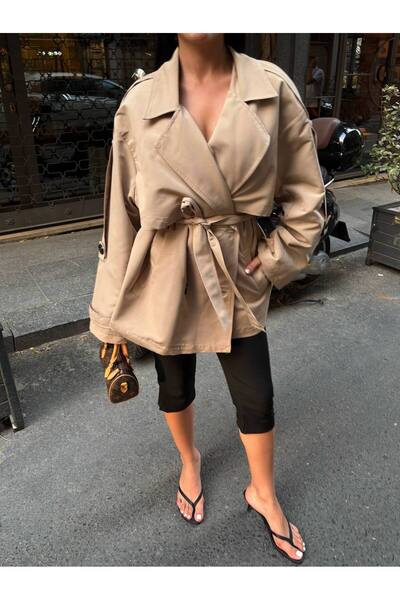 Eztila Su İtici Kumaş Beli Kemerli Kruvaze Yaka Oversize Trençkot