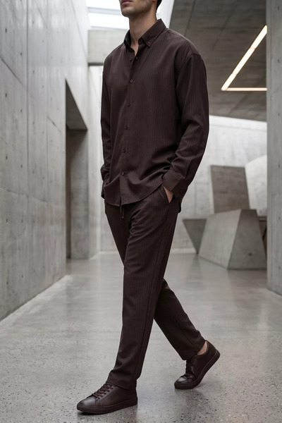 GÜLSELİ Set din două piese pentru bărbați, maro, cu pantaloni cu model cu dun...