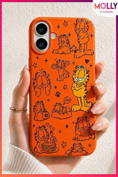 Molly iPhone 17 İçin Turuncu Garfield Tembel Günler Desenli İçi Kadife Siliko...