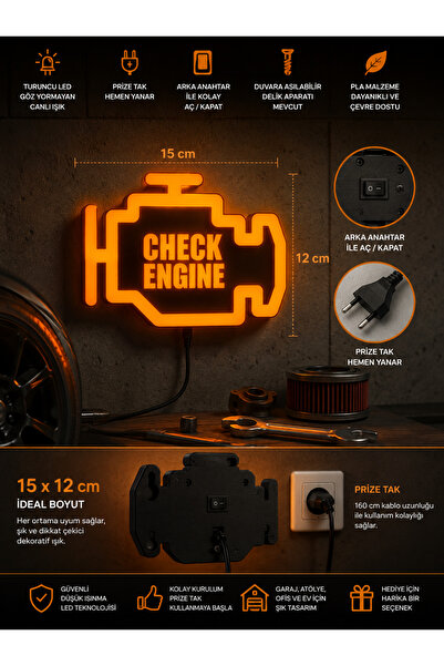 UstaPrint3D Check Engine LED Lightbox Dekoratif Motor Arıza Lambası Duvar Dek...