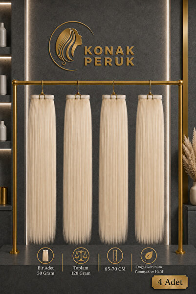 KONAK PERUK Fiber Sentetik Uzun Düz 4 Parça Çıt Çıt - Platin