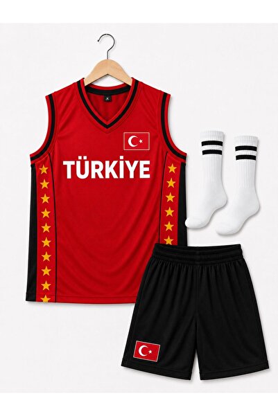 sonvadi Çocuk Basketbol Forması Türkiye Armalı Kırmızı-Siyah Çorap Hediyeli