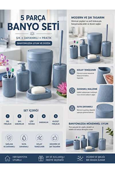 PANORAMA 5 Parça Modern Çizgili Banyo Seti – Çöp Kovası, Sıvı Sabunluk, Diş F...