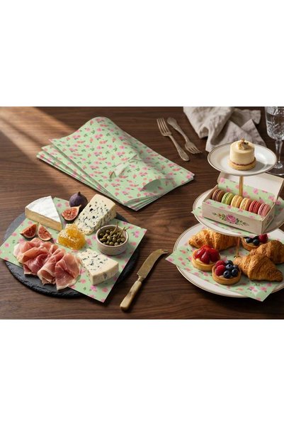 LOVYCO 50 Adet Çiçek Desenli Servis ve Sunum Kağıdı 35x25 cm Gıda Temasına Uygun Premium Ambalaj