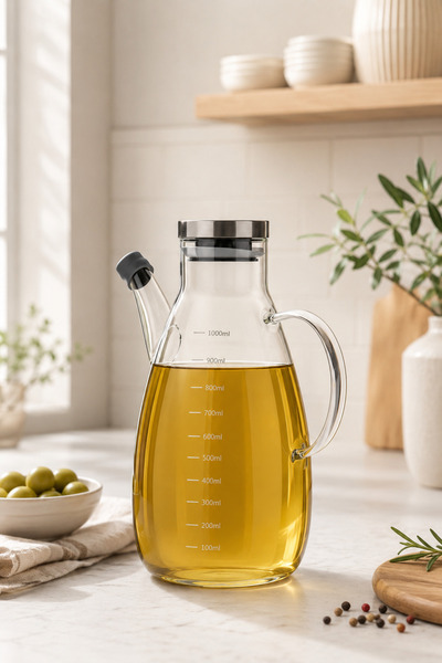 welcomein 1 Litre Metal Kapaklı Cam Yağdanlık – Ölçü Çizgili, Akıtmaz Ağızlık...