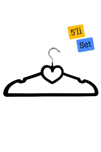 ZÜMHA Heart Patterned Non-Slip Velvet Clothes Hangers, Black Color, 5 Pieces