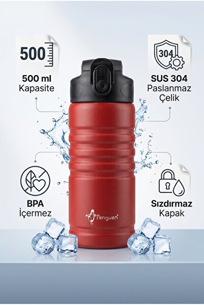 Penguen Çocuk Pipetli Çelik Suluk ve Matara 500 ml Sızdırmaz BPA Free SUS304 ...