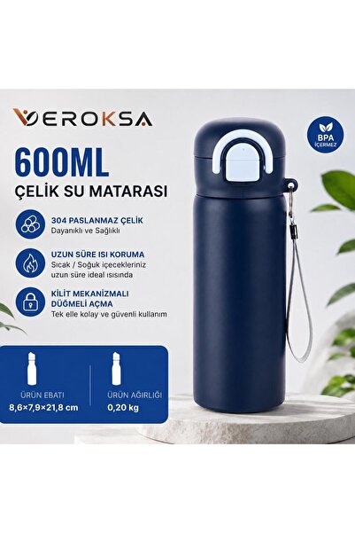 VEROKSA Siply 600 ML Çelik Su Matarası – 304 Paslanmaz Çelik, Çift İçimli, Ki...
