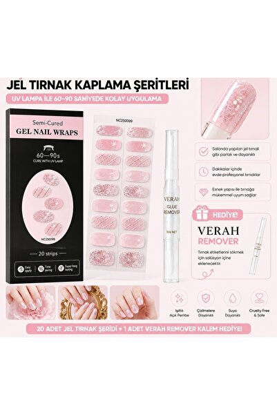 VERAH Pembe Gümüş Simli Jel Tırnak Sticker Seti 20 Adet + Remover Kalem Hediyeli