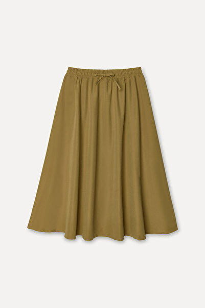 Mudo Women's Beige Color Elastic Waist Midi Skirt