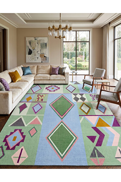 SionFabric Dijital Baskı Pastel Etnik Geometri Dekoratif Halı” Yıkanabilir Ka...