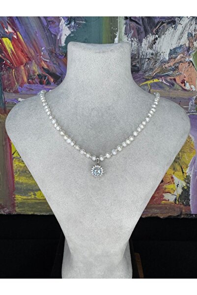 Tasarım GERÇEK İNCİ VE BLUE TOPAZ TAŞI KOLYE UÇLU 925 AYAR GÜMÜŞ KOLYE