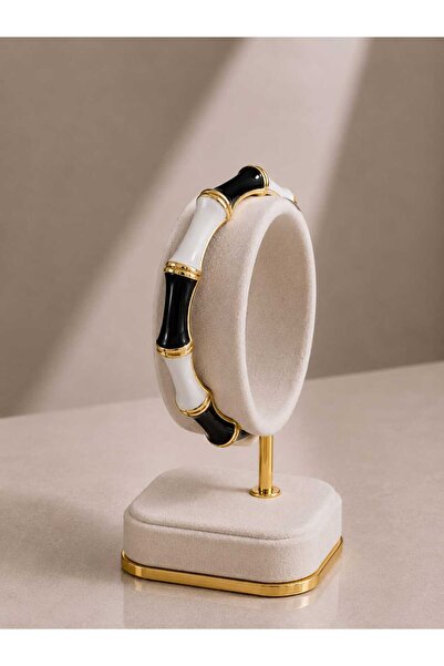 mdm style Black-White Colored Bamboo Form Women's Bracelet with Gold Detail