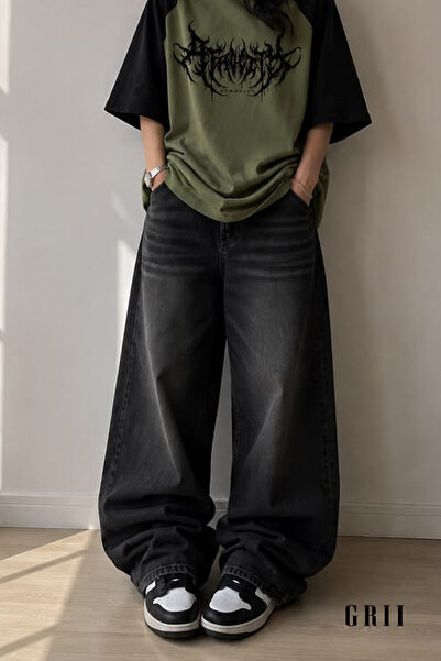 GRİİ WEAR Unisex Siyah Bıkamalı Baggy Jean