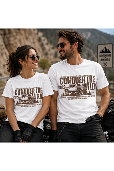Unisex 4x4 Off Road Arazi Aracı Baskılı Regular Fit Beyaz Bisiklet Yaka Tişört