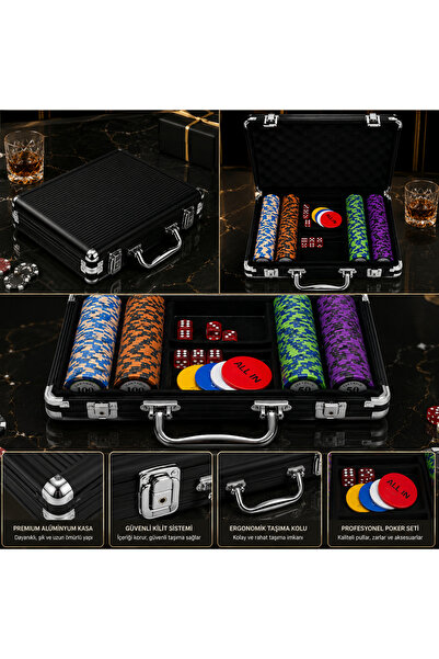 hediyeconcepti Deri Çantalı 200 Chipli Poker Seti 2 Deste İskambil Kağıtlı Zar ve Aksesuarlı Profesyonel Oyun Seti