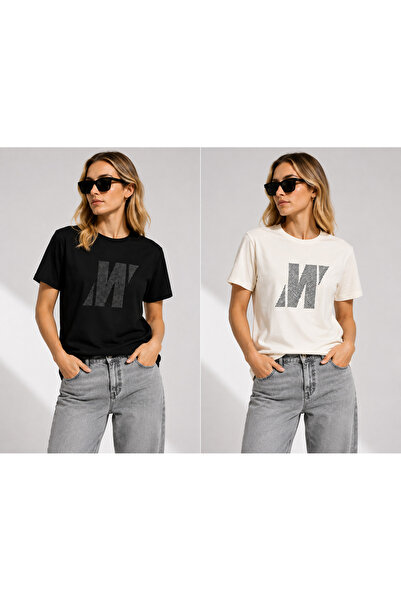 Mavi PRO Baskılı Unisex 2'li Tişört Siyah Ekru Bisiklet Yaka Regular Fit Kısa...