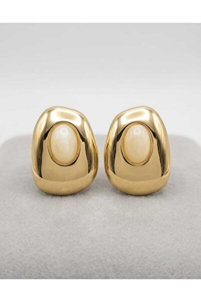Kadın Gold Bombeli Chunky Küpe - Geometrik İçi Boş Oval Vintage Tasarım Çelik Küpe