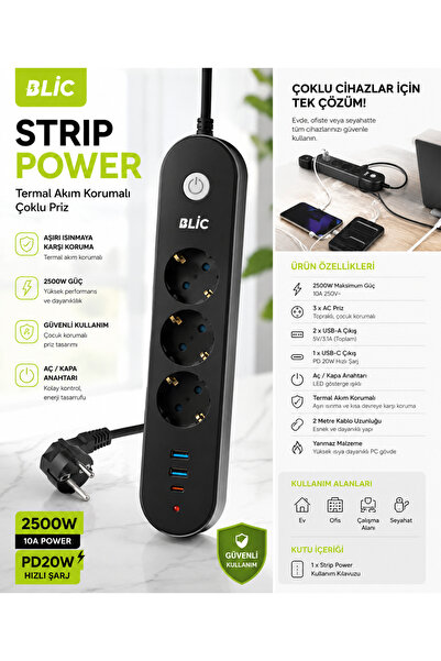 Blic FTR-01 2500W Termal Akım Korumalı 3’lü Priz 2 USB + Type-C PD 20W Hızlı ...