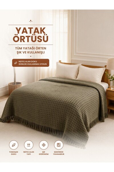 Binna Soft Çift Kişilik Yatak Örtüsü 200x240 cm Püsküllü Çok Amaçlı Pike - Haki Petek