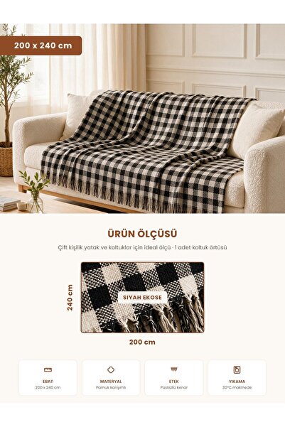 Binna Soft Koltuk Örtüsü 200x240 cm Püsküllü Çok Amaçlı Koltuk Şalı - Siyah Ekose