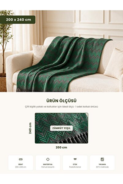 Binna Soft Koltuk Örtüsü 200x240 cm Püsküllü Çok Amaçlı Koltuk Şalı - Zümrüt Yeşili