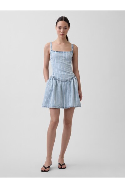 GAP Kadın Açık Mavi UltraSoft Denim Çizgili Drop-Waist Mini Elbise
