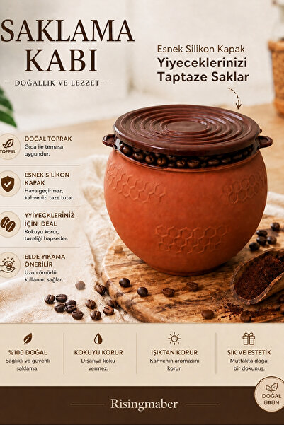 risingmaber Silikon Kapaklı Doğal Toprak Çömlek Saklama Kabı, Hava Geçirmez Çömlek Mutfak Organizer Saklama Kabı MG04