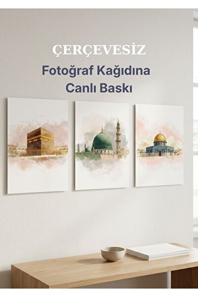 Nurs Print 3'lü Kabe Mescid-i Nebevi Mescid-i Aksa İslami Mini Poster Seti - ...