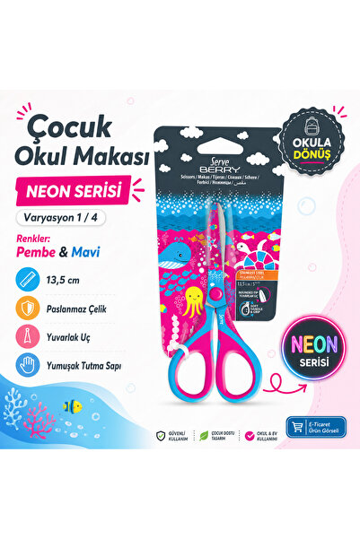 Serve Berry Çocuk Okul Makası 13,5 cm Paslanmaz Çelik Yuvarlak Uç Yumuşak Sap...