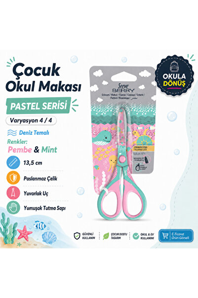 Serve Berry Çocuk Okul Makası 13,5 cm Paslanmaz Çelik Yuvarlak Uç Yumuşak Sap...