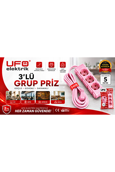 UFO Elektrik 3'lü Grup Priz 5 Metre Uzatma Kablosu Pembe - Alev Yürütmez, Tam...