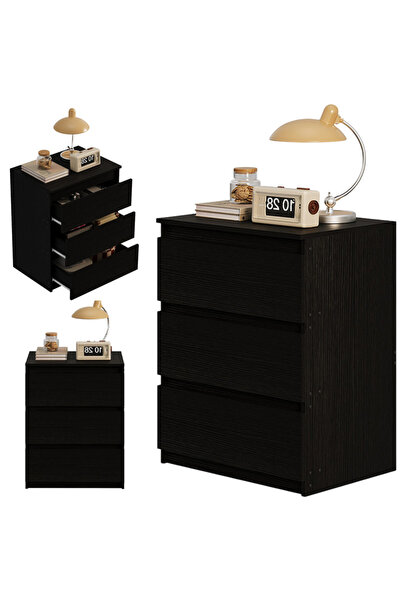 Rebiko NOPTIERĂ / MĂSUȚĂ DE DORMITOR – 3 SERTARE, NEGRU, 60 CM, STIL LOFT MODERN