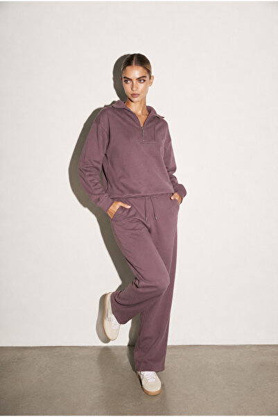 Amia&Co. Women's Plum 3 Thread Oversize Half-Zip Sweatshirt Tracksuit Set – Cotton Relaxed Fit Casual Sports Set