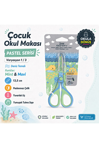 Serve Berry Çocuk Okul Makası 13,5 cm Paslanmaz Çelik Yuvarlak Uç Yumuşak Sap...