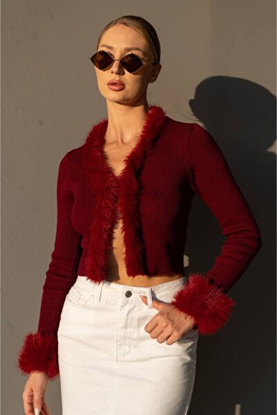 Noi Belis Kürk Detaylı V Yaka Fitilli Crop Uzun Kollu Triko Hırka AW26HI0019