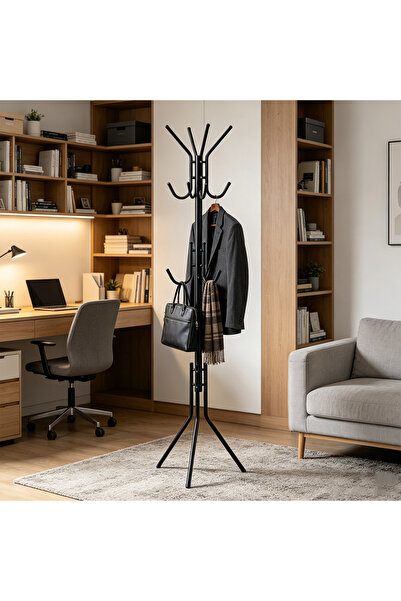 Vitakit Black Freestanding Coat Rack with Multiple Hooks and Stable Tripod Ba...