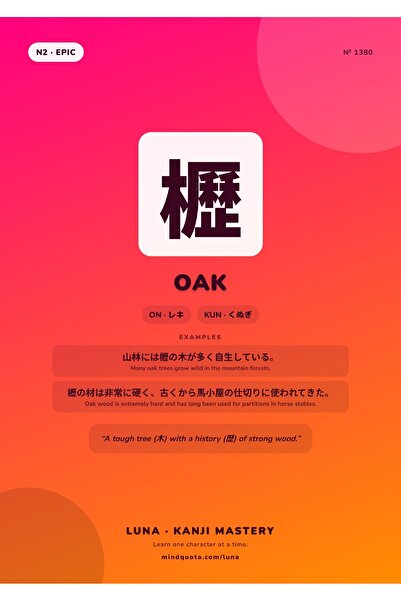 OEM Poster Infografic Kanji 櫪 Stejar, Simboluri Japoneze Educative, Carton 25...