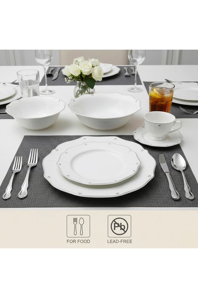 SHALLOW SAFY 32-Pc New Bone China Dinner Set for 6 People - White with Gold-Plated Border