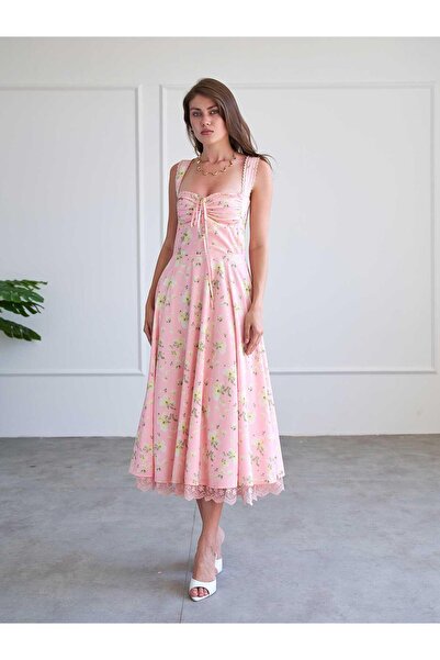Moda Days Women's Pink Strappy Floral Patterned Square Neck Gathered Lace Tri...