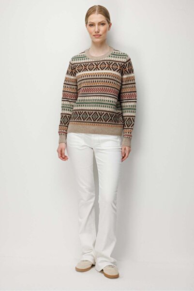 Desen Triko Women's Crew Neck Kilim Patterned Jacquard Wool Sweater Dark Beige